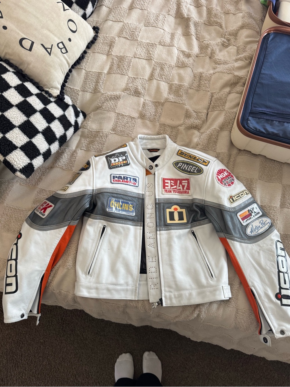 ICON White, Gray & Orange Racing Leather Jacket with Patch Logos